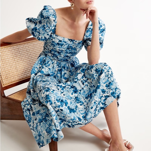 ABERCROMBIE & FITCH EMERSON FLORAL Poplin Puff Sleeve Midi Dress SZ XS - Picture 6 of 7